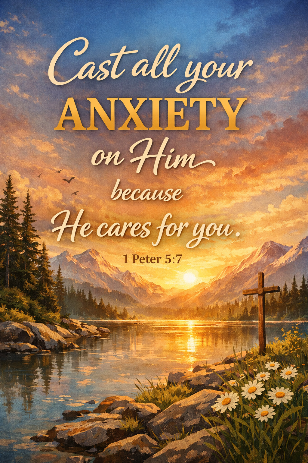 A scenic landscape featuring a river flowing through a forested valley with mountains and a sunset sky, overlaid with an inspirational Bible quote from 1 Peter 5:7.