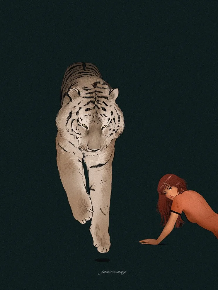 A stylized digital illustration by Janice Sung of a white tiger walking towards the viewer with a woman in an orange shirt on all fours nearby, set against a dark background.