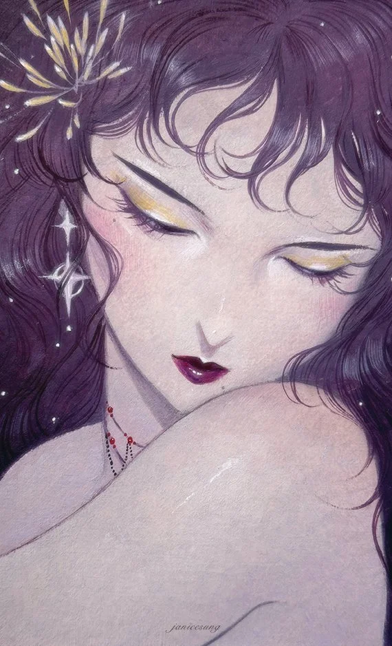 Oil painting by Janice Sung titled Sweet Lunar, a portrait of a peaceful woman sleeping and dreaming with purple hair