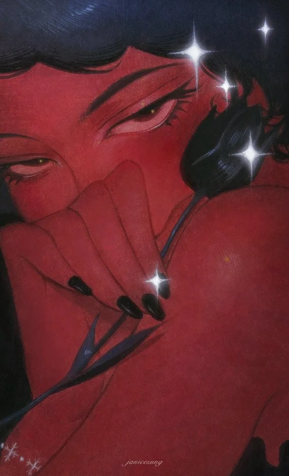 Fantasy gothic oil painting by Janice Sung titled Raventhorn, depicting a portrait of a red woman holding a black flower