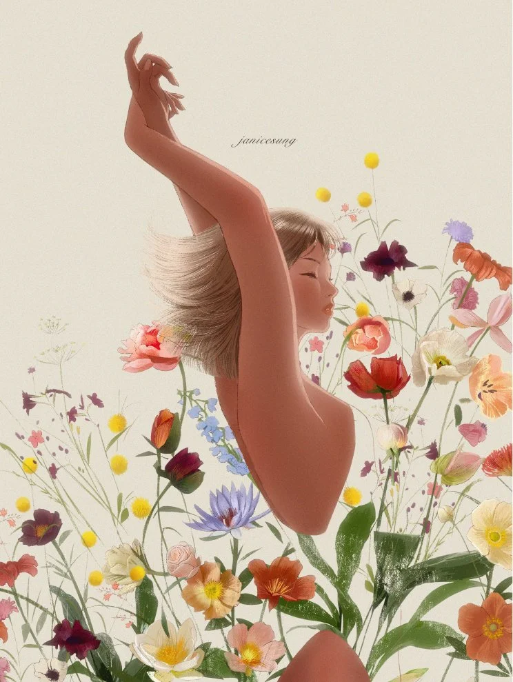 A stylized digital illustration by Janice Sung of A woman with short blond hair is surrounded by colorful flowers, with her eyes closed and arms raised above her head.
