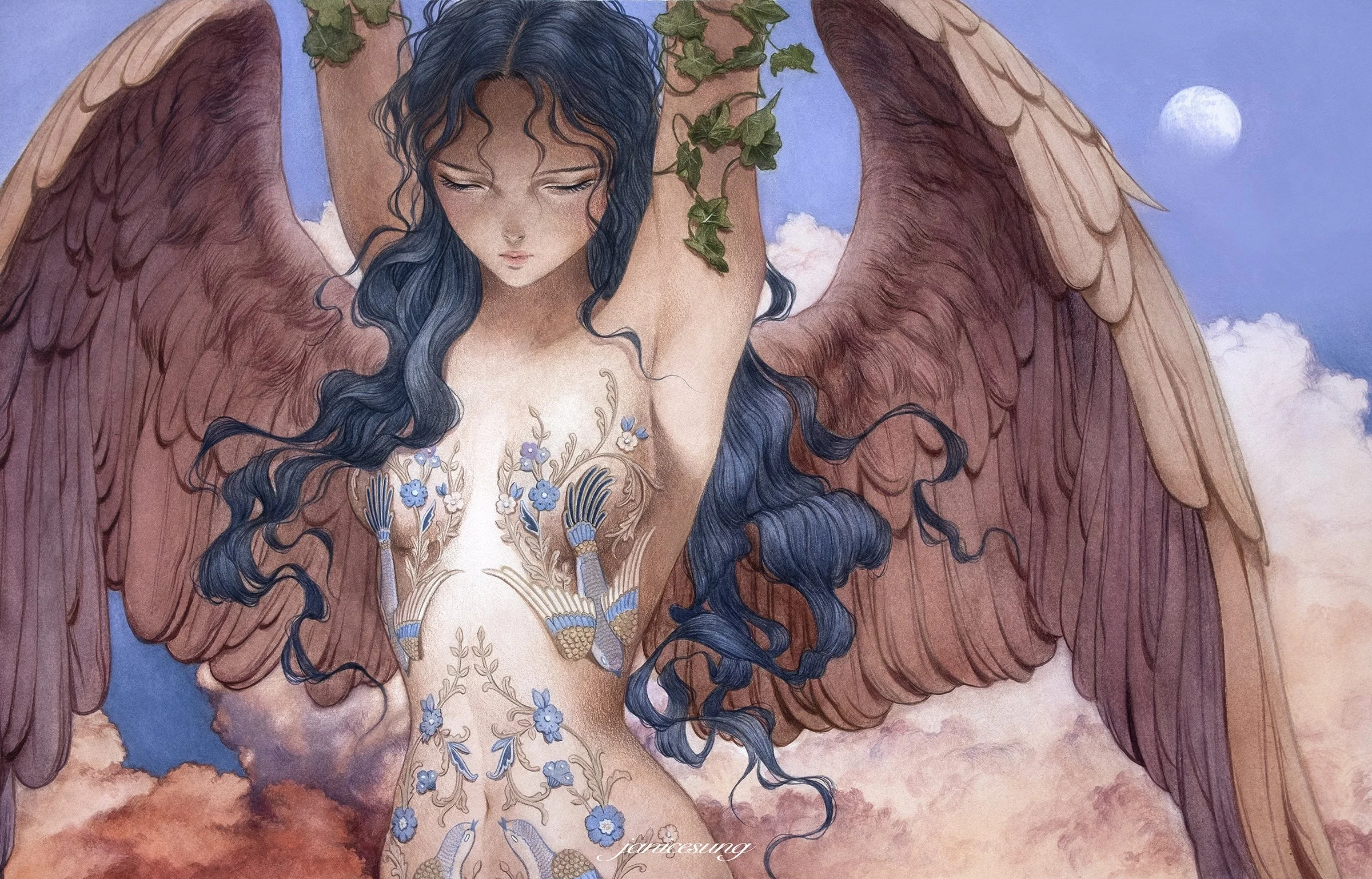 Fantasy watercolor painting by artist Janice Sung of a heavenly intricate angel