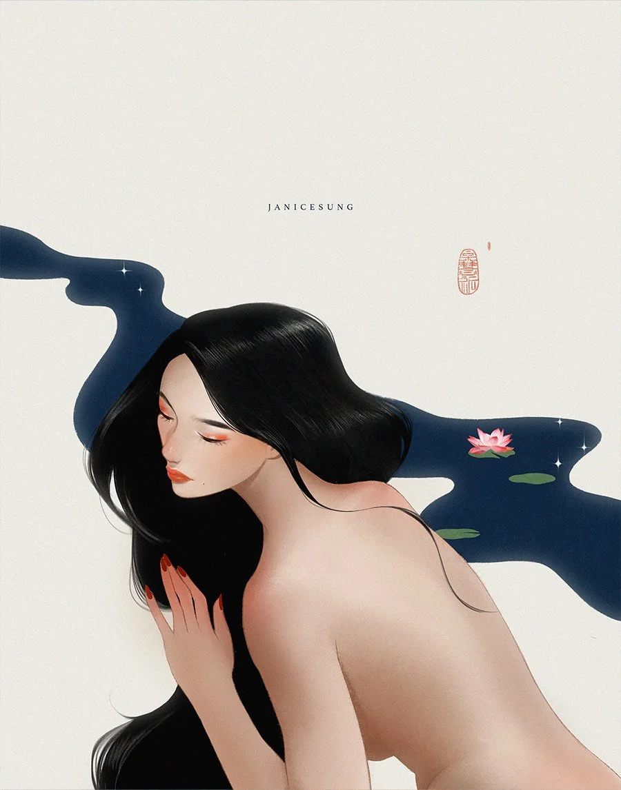 Digital illustration by Janice Sung titled Raventhorn, depicting a beautiful woman inspired by Japanese traditional art