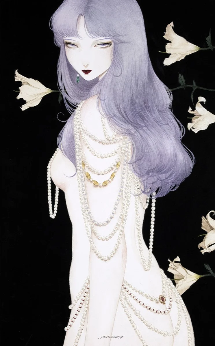 A stylized watercolor painting by Janice Sung titled, Belladonna of a woman with light skin adorned with pearls and victorian jewels, with long lilac purple hair and gothic makeup, the background is dark with lillies. inspired by yoshitaka amano,