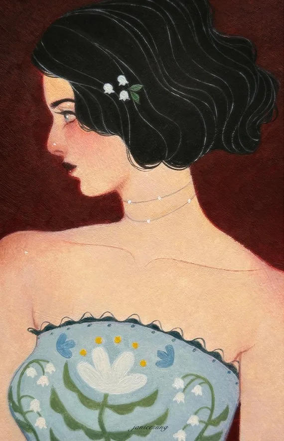 Oil painting by Janice Sung titled Lady of the Valley, a victorian portrait of a gothic woman with short black hair and intricate dress