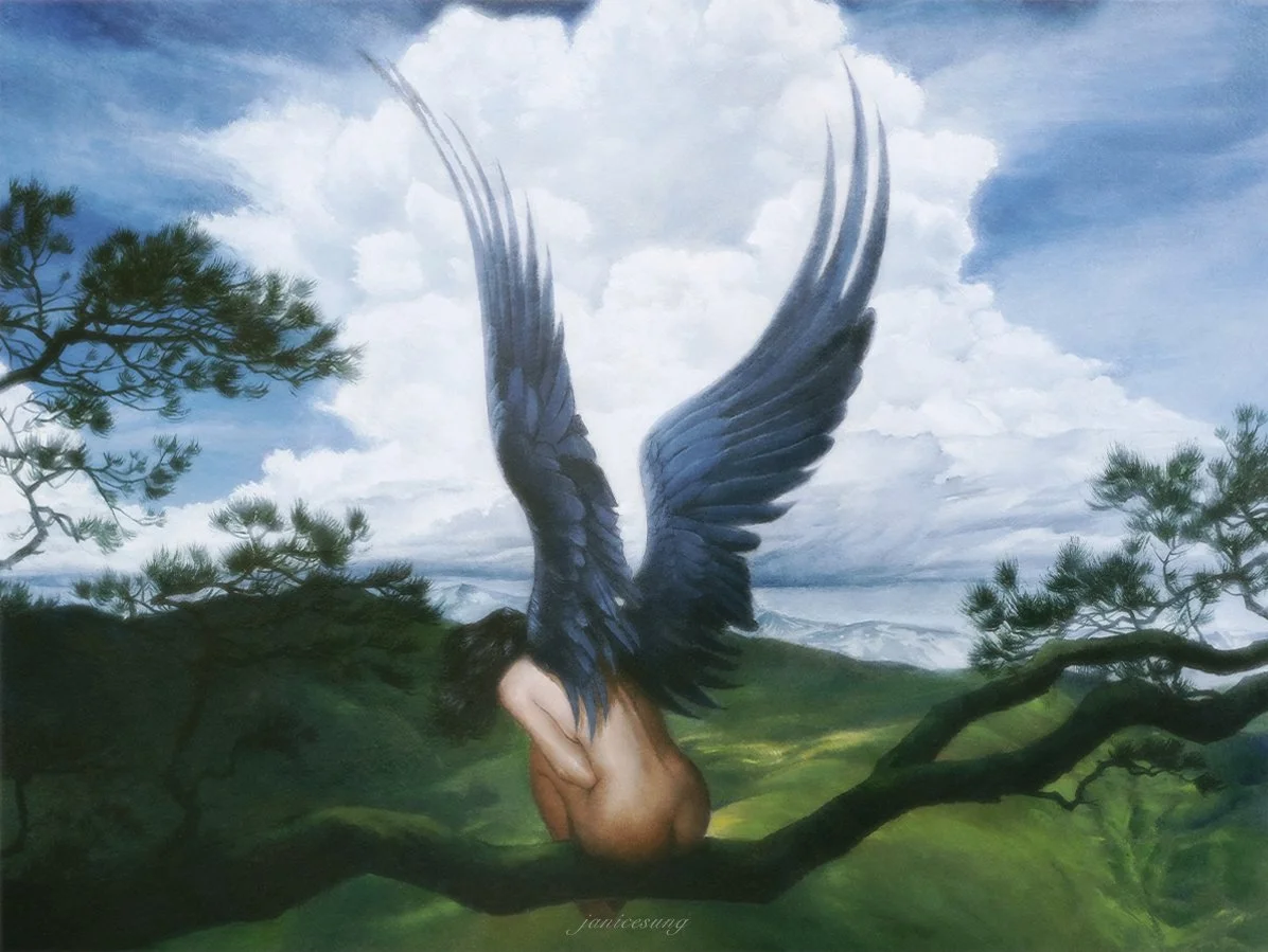 Dark fantasy surreal oil painting by artist Janice Sung of an angel in epic nature scene