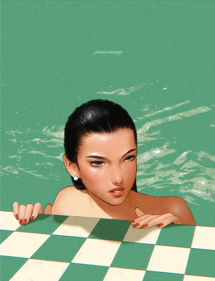 Woman with dark hair and pearl earring in swimming pool, gripping pool's edge with checkered green and white tiles.