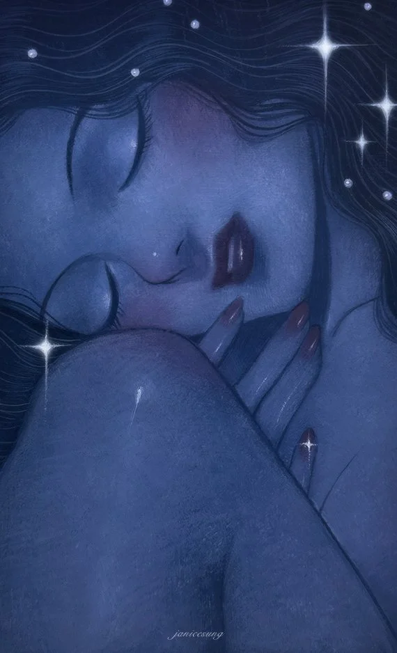 Oil painting by Janice Sung titled Twilight Serenade, a portrait of a beautiful blue woman sleeping and dreaming at night