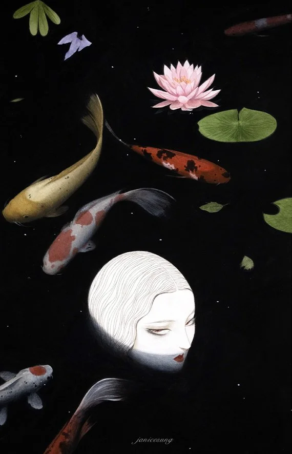 A stylized watercolor painting by Janice Sung titled The Abyss, of a woman in a black pond with koi fish with pink water lilly and lillypads. inspired by yoshitaka amano final fantasy
