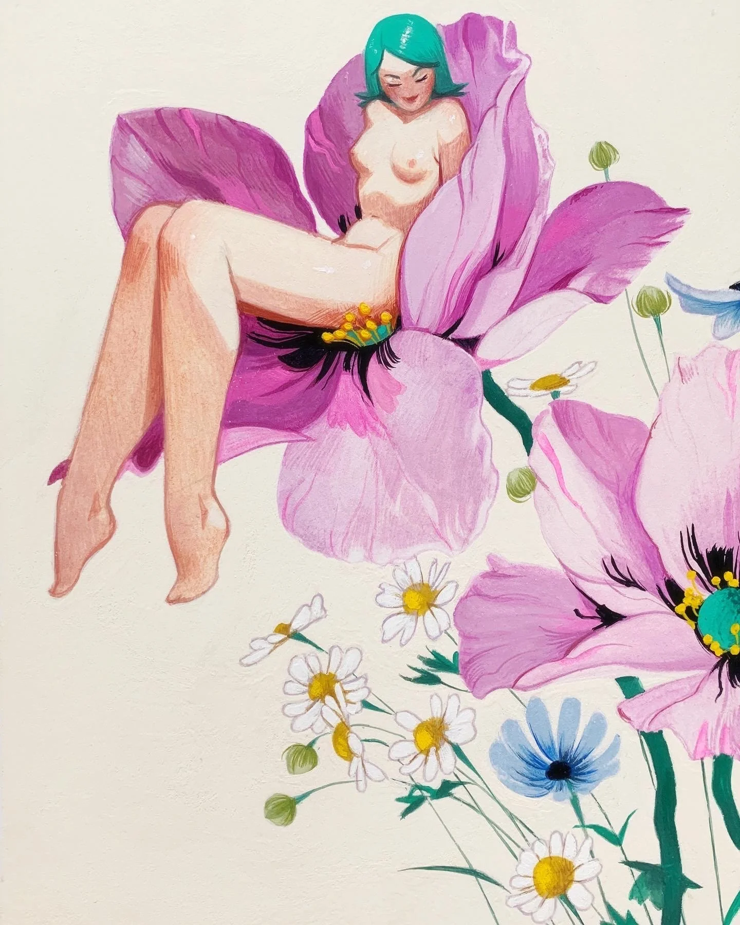 A watercolor painting of a woman with teal hair sitting inside a large pink flower with dark purple markings. There are white daisies and blue anemones surrounding the flower, creating a whimsical and fantastical scene.