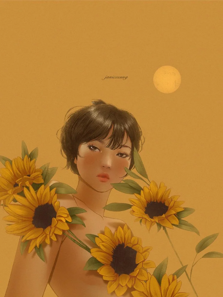 A digital illustration by Janice Sung of a woman with short dark hair posing with sunflowers on a yellow background, with a moon in the sky