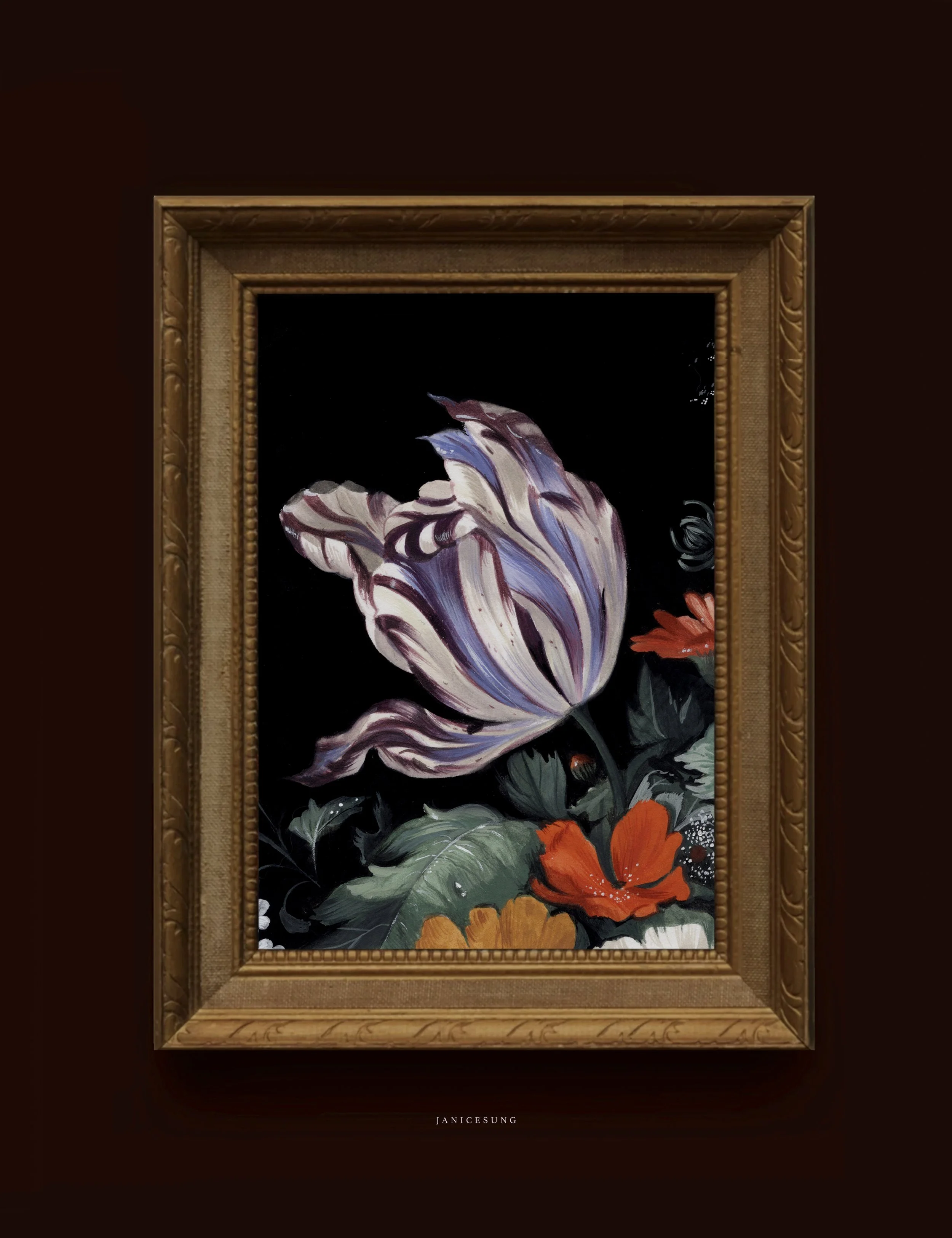 A floral painting featuring a large, colorful flower with purple, white, and pink petals, surrounded by smaller orange and red flowers and green leaves, framed in an ornate gold frame.