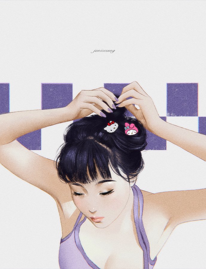 An illustration of a woman with black hair styled in an updo, with Hello Kitty hair clips, wearing a purple tank top, holding her hair with both hands against a geometric purple and white background.