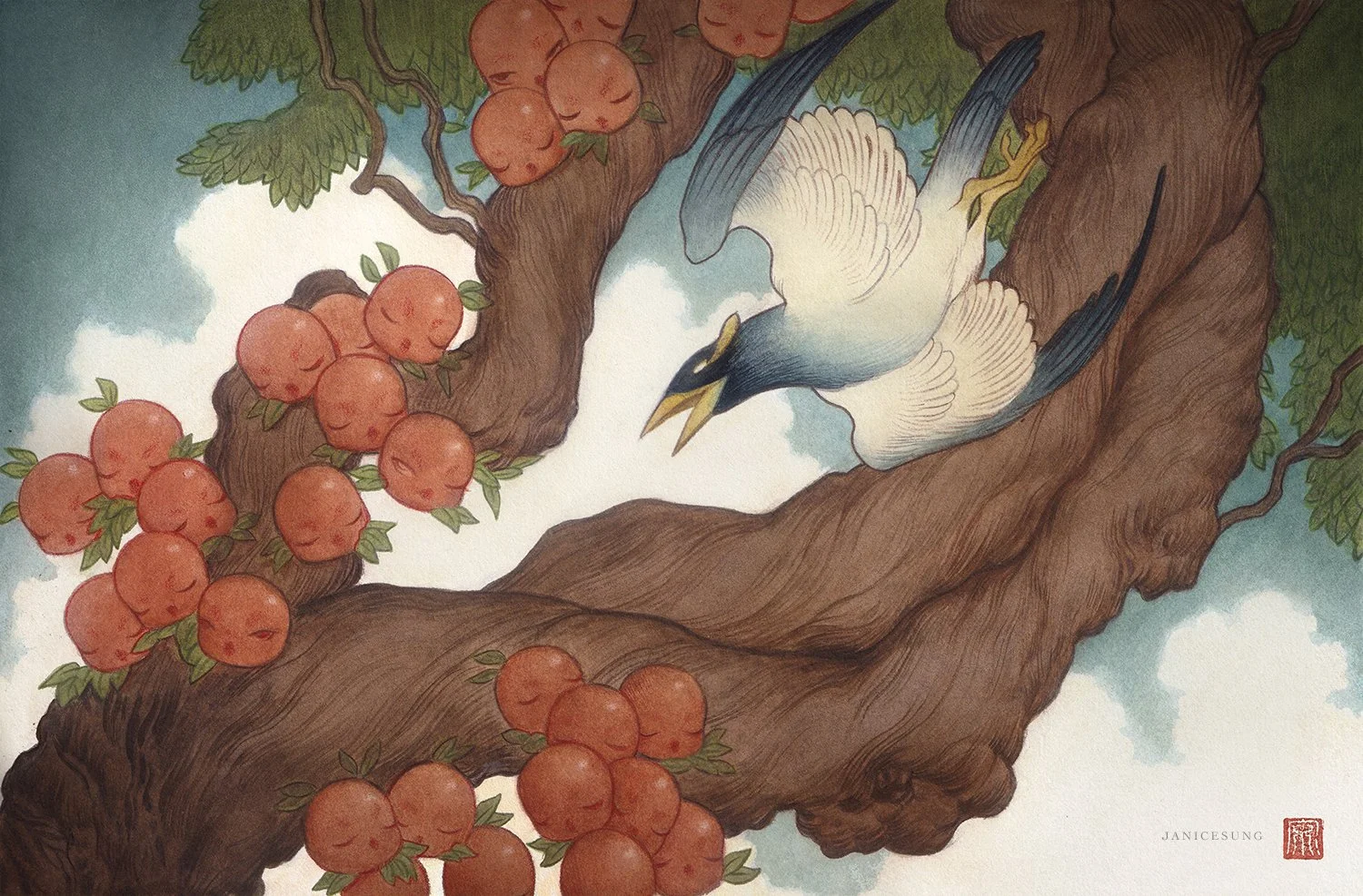watercolor painting by Janice Sung titled Myna and Bird, a tribute and inspired by Hokusai for 3D Total Publishing