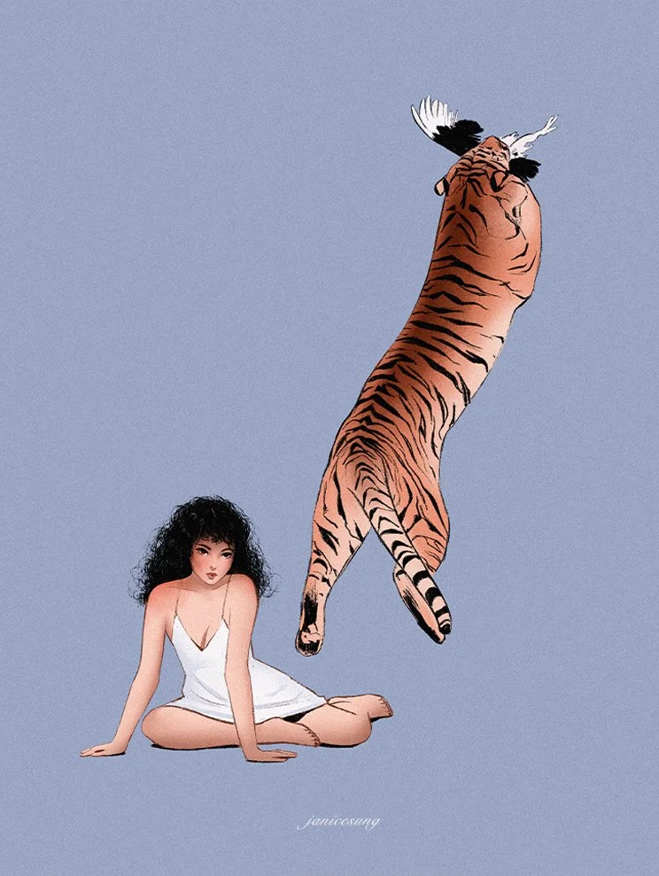 A stylized digital illustration by Janice Sung of A digital illustration featuring a young woman with curly black hair sitting on the ground in a white dress and a large tiger's paw reaching downward from above with a bird perched on it.
