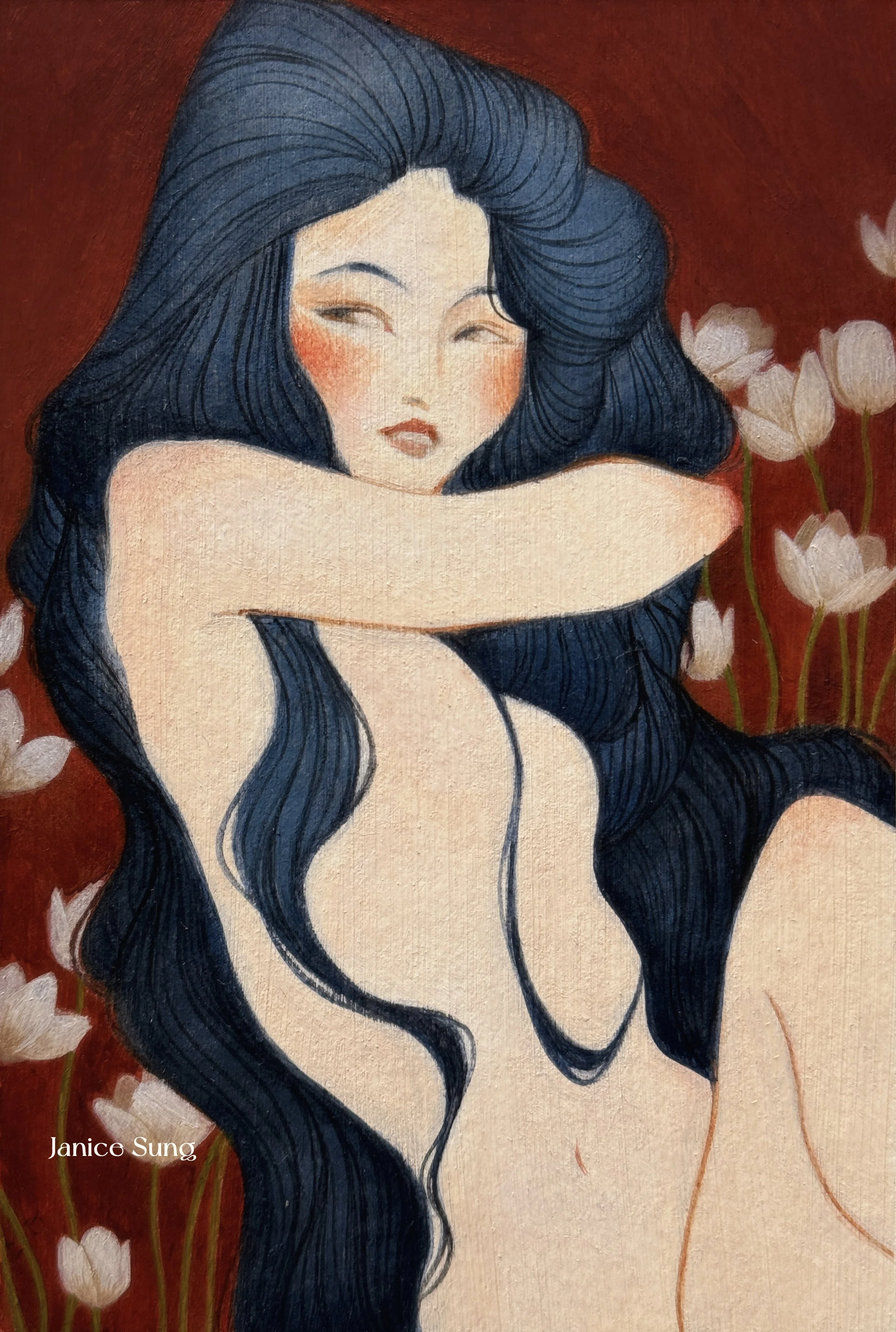 Oil painting by Janice Sung titled Anemone, a portrait of a asian woman with long black hair and floral background