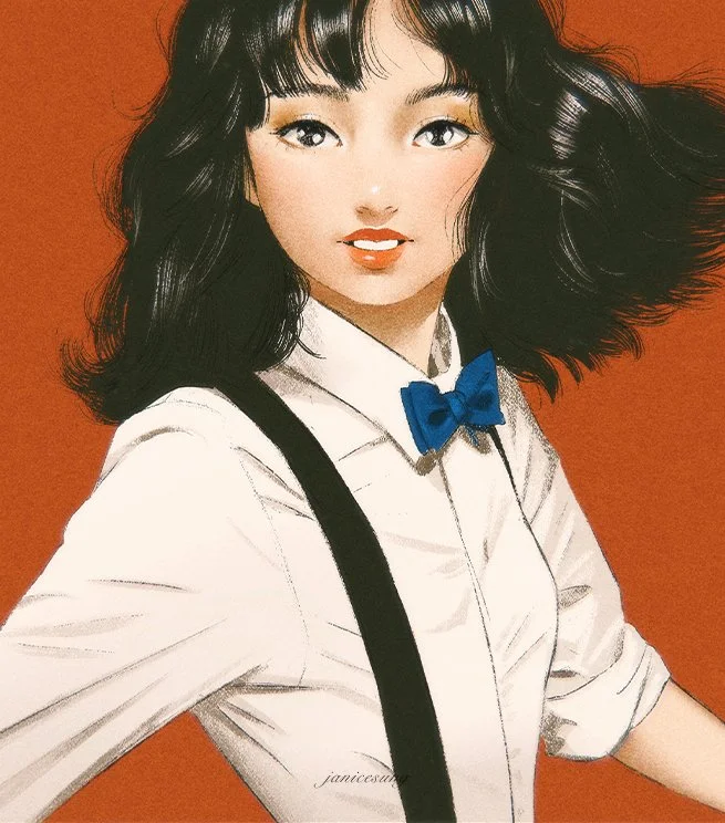 Illustration of a young woman with black wavy hair, wearing a white shirt, a blue bow tie, and black suspenders, set against an orange background.