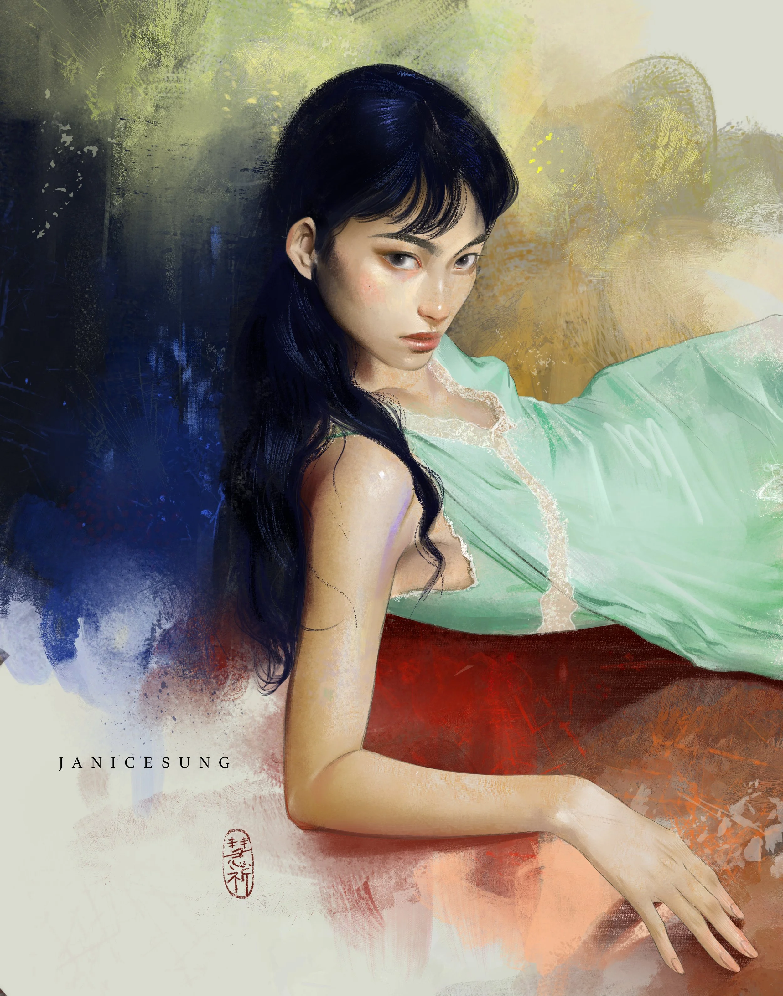 Digital painting of a woman with dark hair, sitting with her arm extended, against an abstract background with splashes of yellow, blue, red, and white. Text on the image reads 'Janice Sung' and includes red Chinese characters.