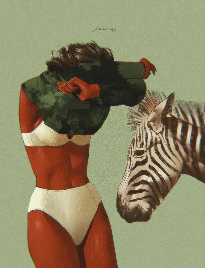 An illustrated woman in a swimsuit with a zebra, with her head covered by her arms and hands in red gloves, against a light green background.