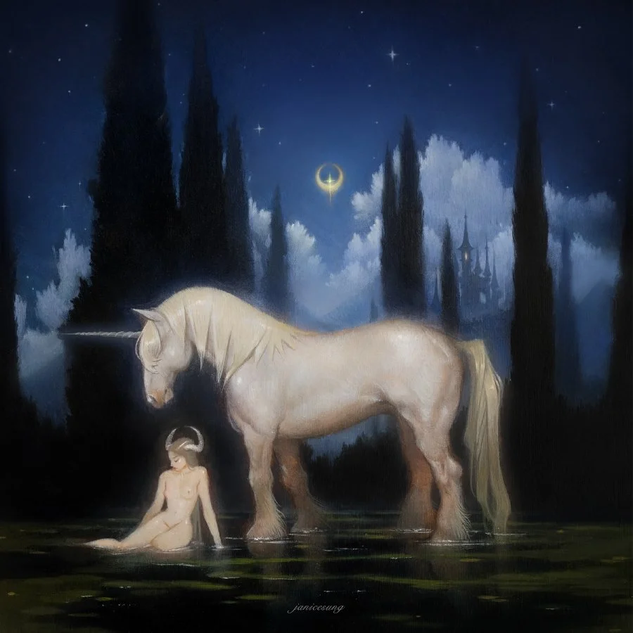 Fantasy oil painting by artist Janice Sung of a unicorn and a woman in a serene night scene with a fairytale castle