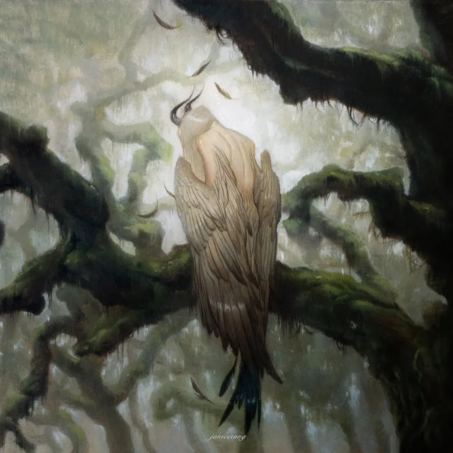 Fantasy oil painting by artist Janice Sung of a Harpie bird woman with horns in the mystical misty mossy fantasy forest