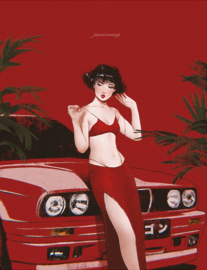 Illustration of a woman with dark hair and red lipstick, wearing a red bra and a long red skirt with a high slit, standing in front of a red car with headlights, against a red background with green plant leaves on the sides.