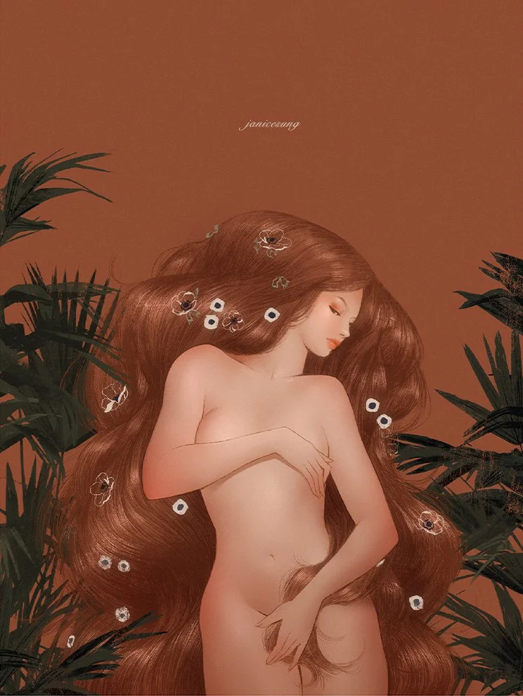 A stylized digital illustration by Janice Sung of a nude woman with long, flowing brown hair, surrounded by green foliage, with flowers within her hair, on a brown background.