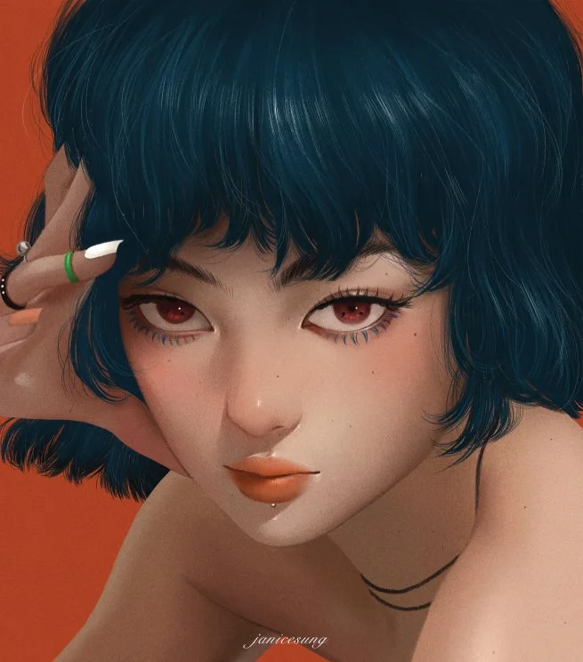 A stylized digital illustration by Janice Sung of A woman with short, wavy, dark blue hair and red eyes, posing with her hand near her face against an orange background.