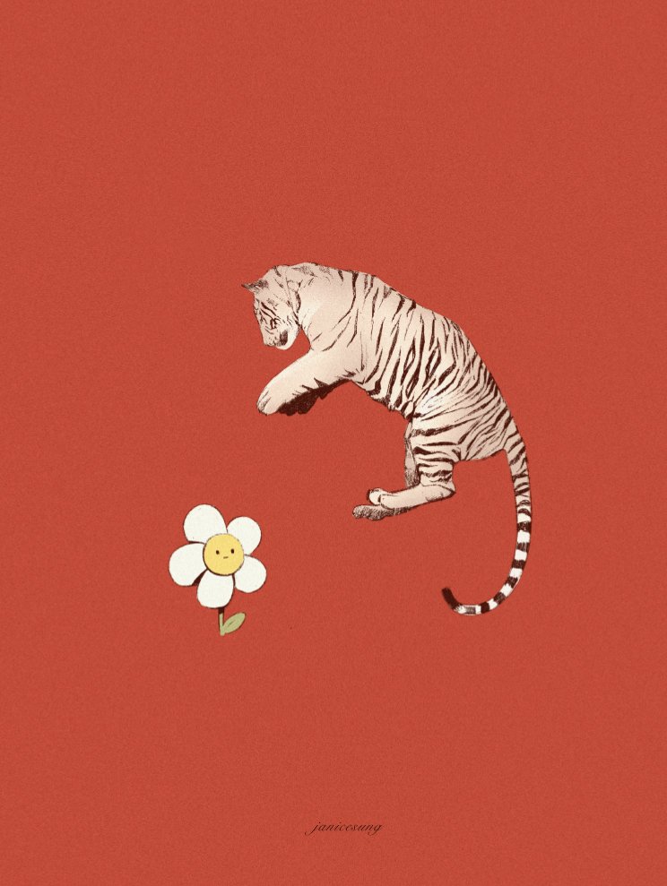 A stylized digital illustration by Janice Sung of a tiger jumping towards a cartoon daisy flower with a smiling face on a red-orange background.