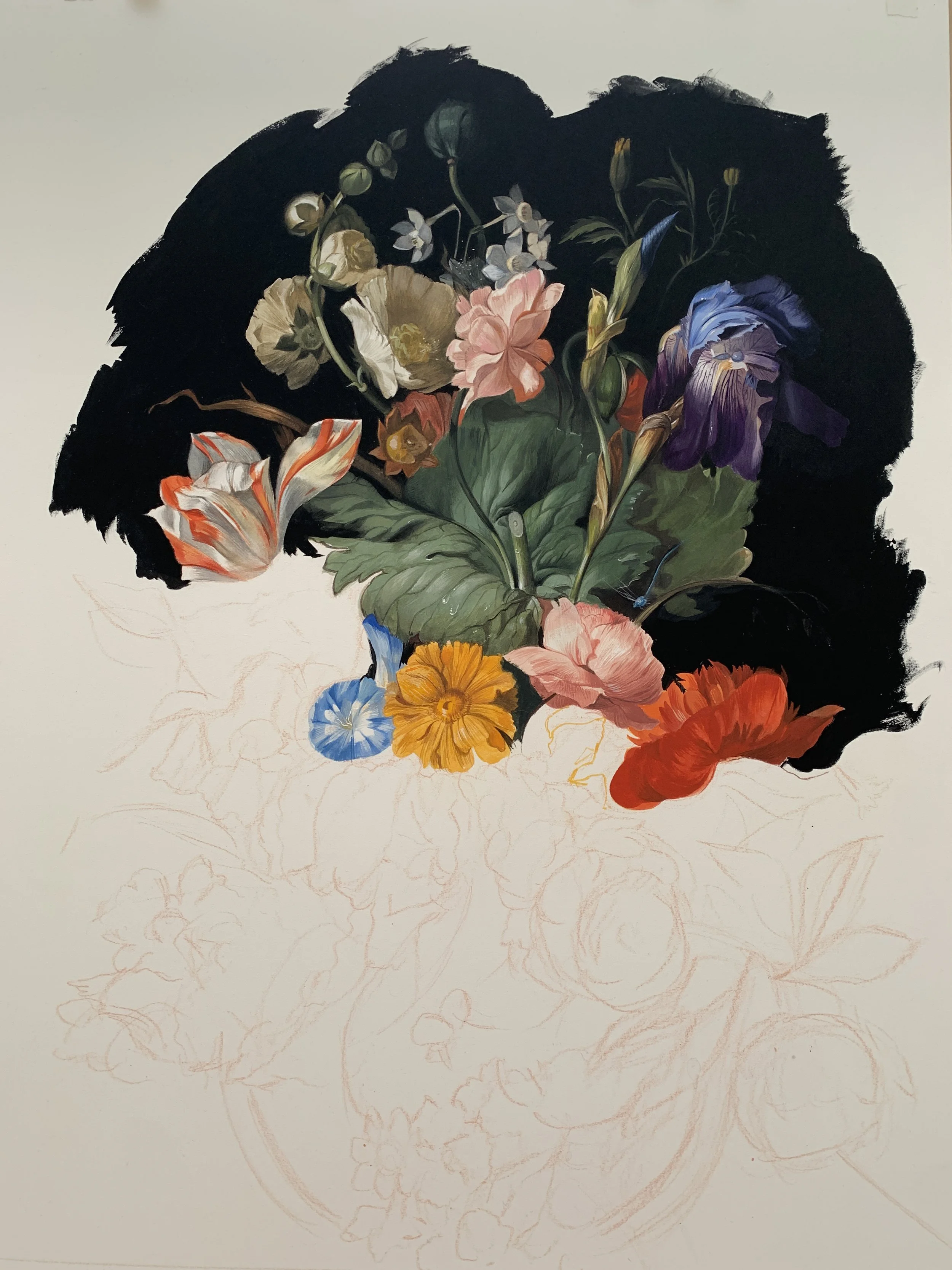 A partially completed botanical illustration featuring detailed flowers and leaves, with some flower sketches and outlines visible at the bottom.