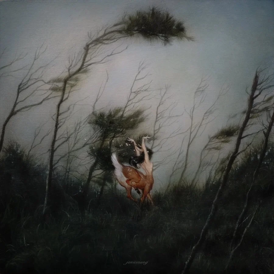 Fantasy oil painting by artist Janice Sung of a fawn doe prancing through a haunted misty foggy forest