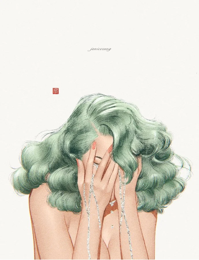 Illustration of a woman with curly green hair covering her face with her hands, with tears or strings of beads falling from her eyes. The background is plain white with a small red stamp and the word 'janicesung' written above.