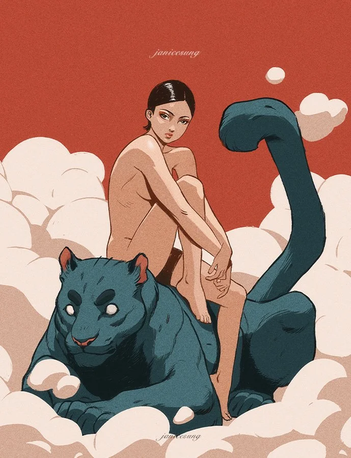 Digital illustration of a young woman with dark hair sitting on a large, dark blue panther surrounded by white clouds against a red sky.