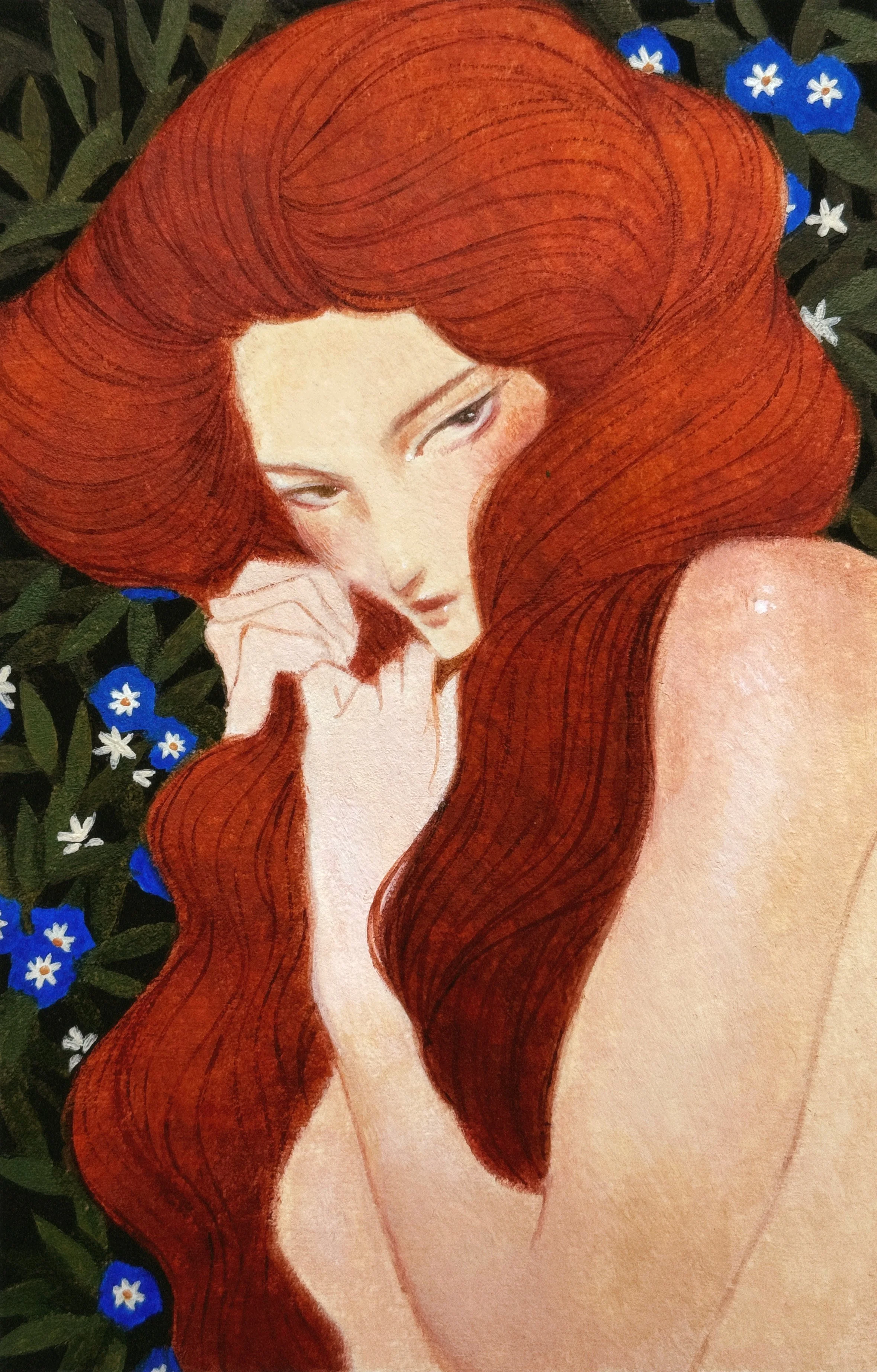 Oil painting by Janice Sung titled Morning Glory, a portrait of a woman with long red orange hair and floral background inspired by Gustav Klimt