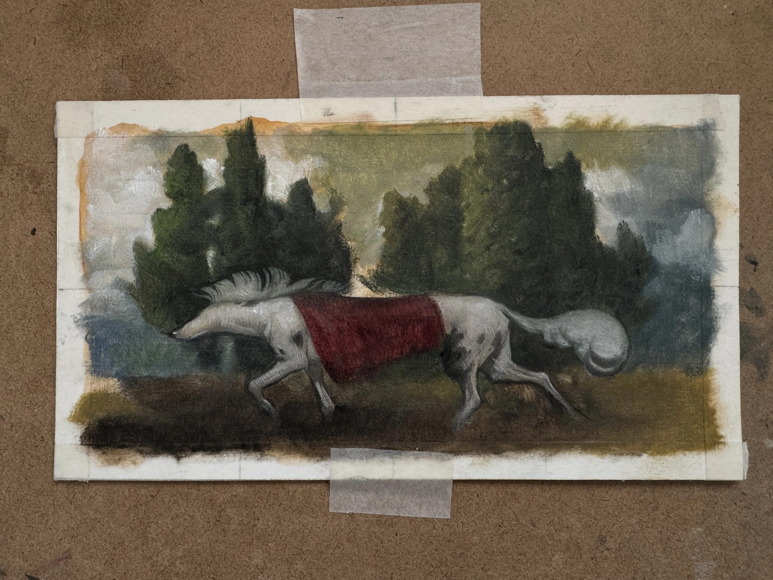Painting of a horse with a red saddle, standing in a landscape with trees and mountains in the background.