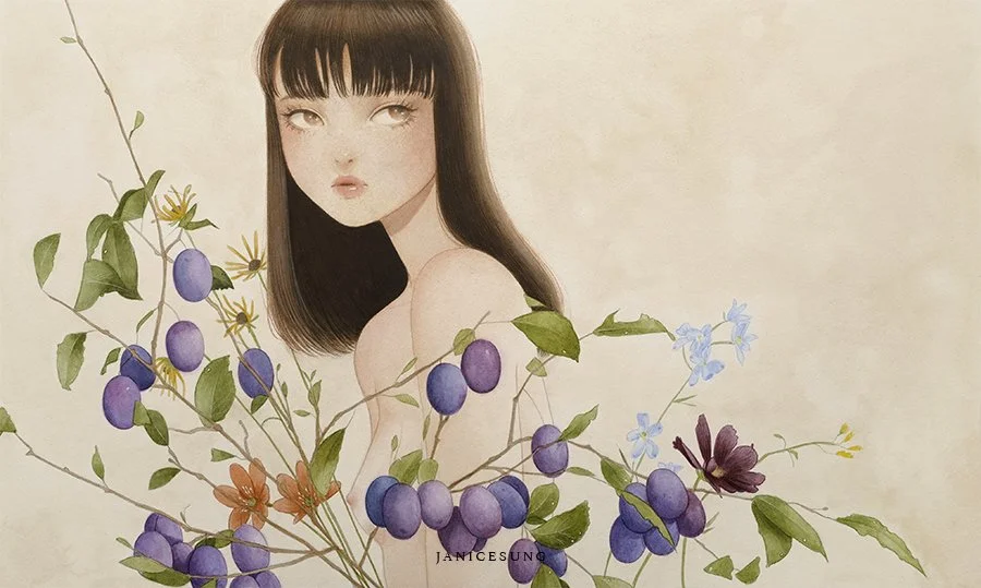 A stylized watercolor painting by Janice Sung titled Pomona of a woman with grapes and flowers, inspired by traditional japanese art and anime.