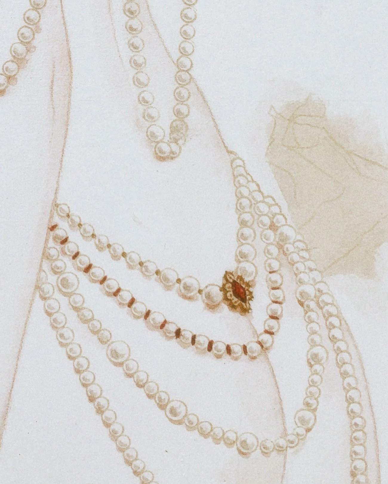 A detailed close up a painting by Janice Sung titled Belladonna, featuring a closer look at the pearls and jewlery