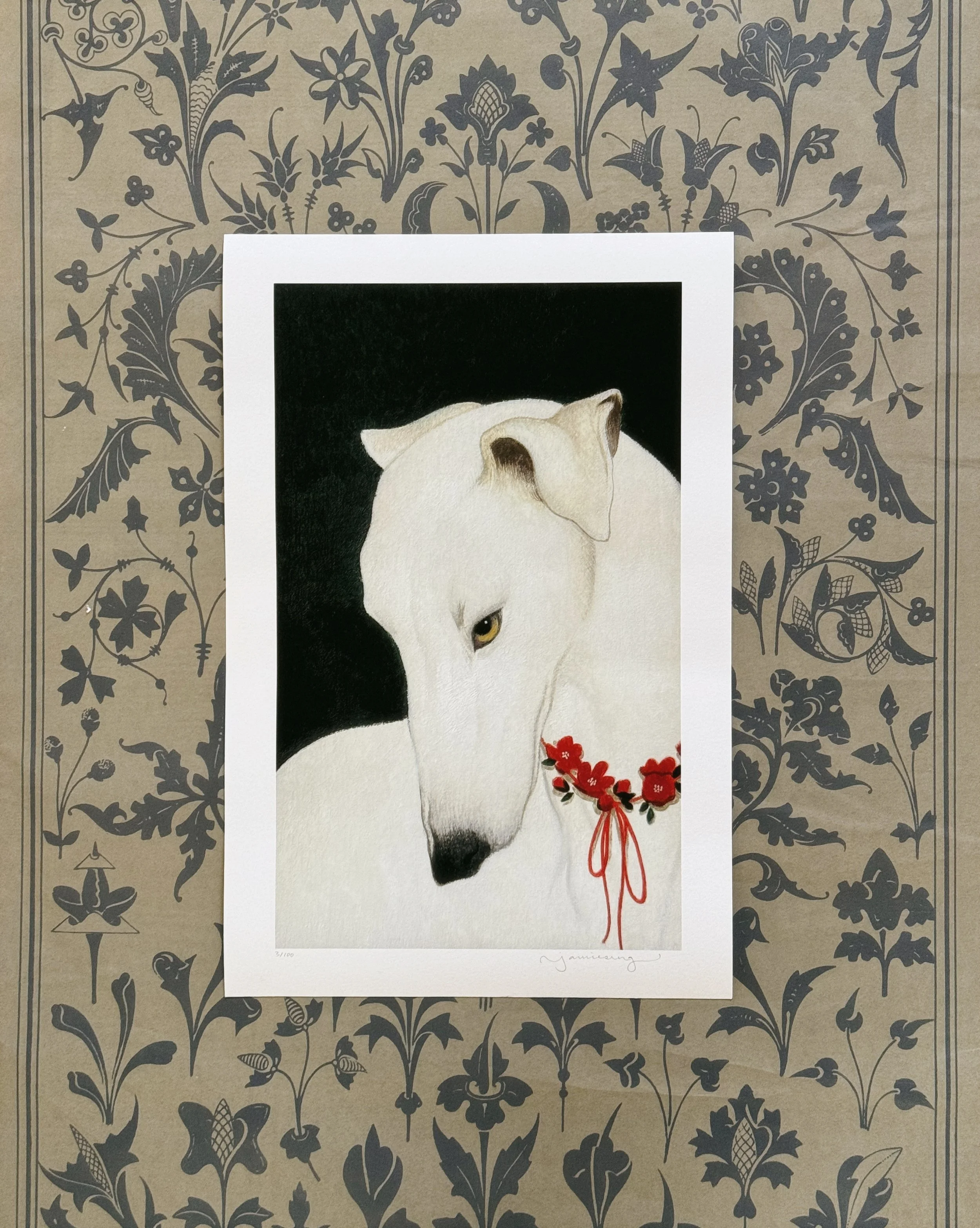 Oil painting by Janice Sung titled Hound in Bloom, a portrait of greyhound dog wih a medieval floral background packaging
