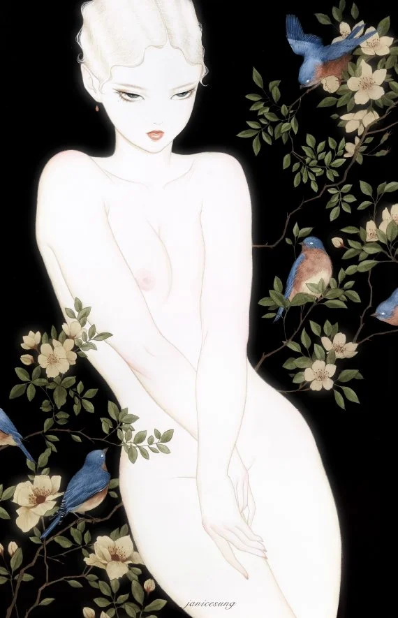 A stylized watercolor painting by Janice Sung of a woman with light skin and dark hair, surrounded by colorful flowers and butterflies, with a dark background. inspired by yoshitaka amano final fantasy