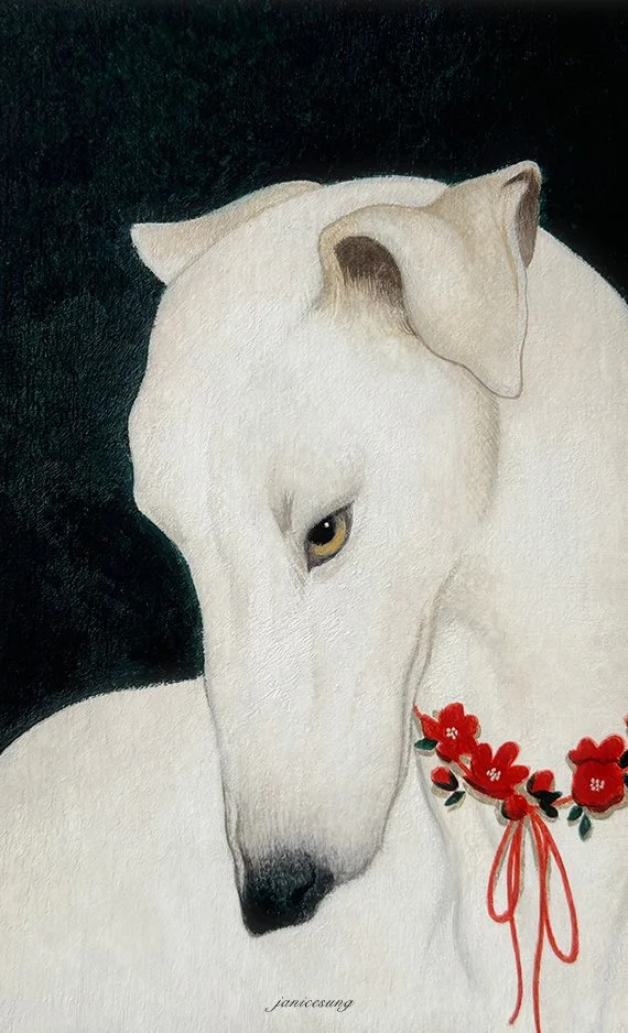 Oil painting by Janice Sung titled Hound in Bloom, a portrait of greyhound dog with a flower necklace