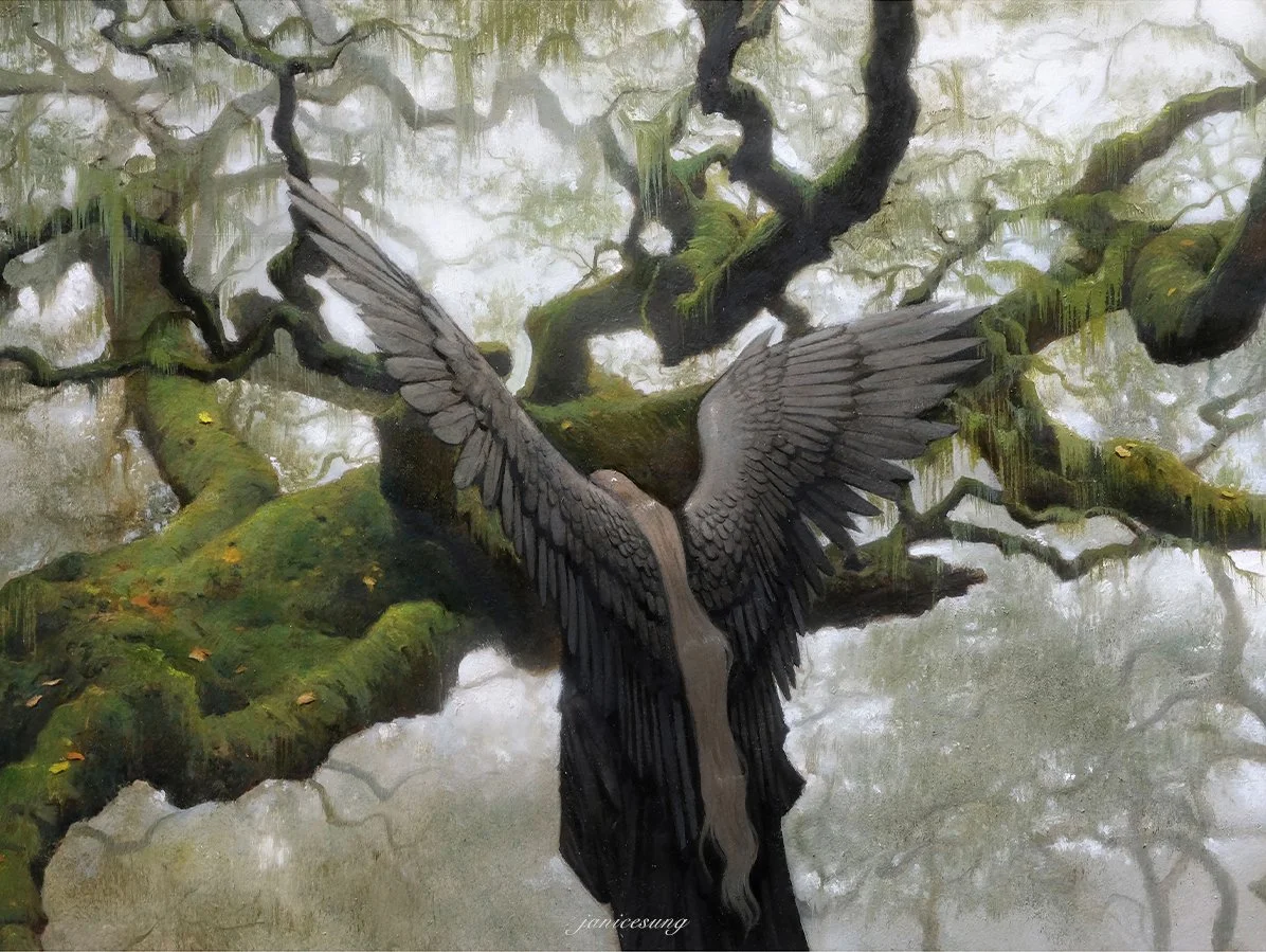 Fantasy gothic oil painting by Janice Sung titled Raventhorn, depicting an angel in a mossy forest inspired by sephiroth Final Fantasy