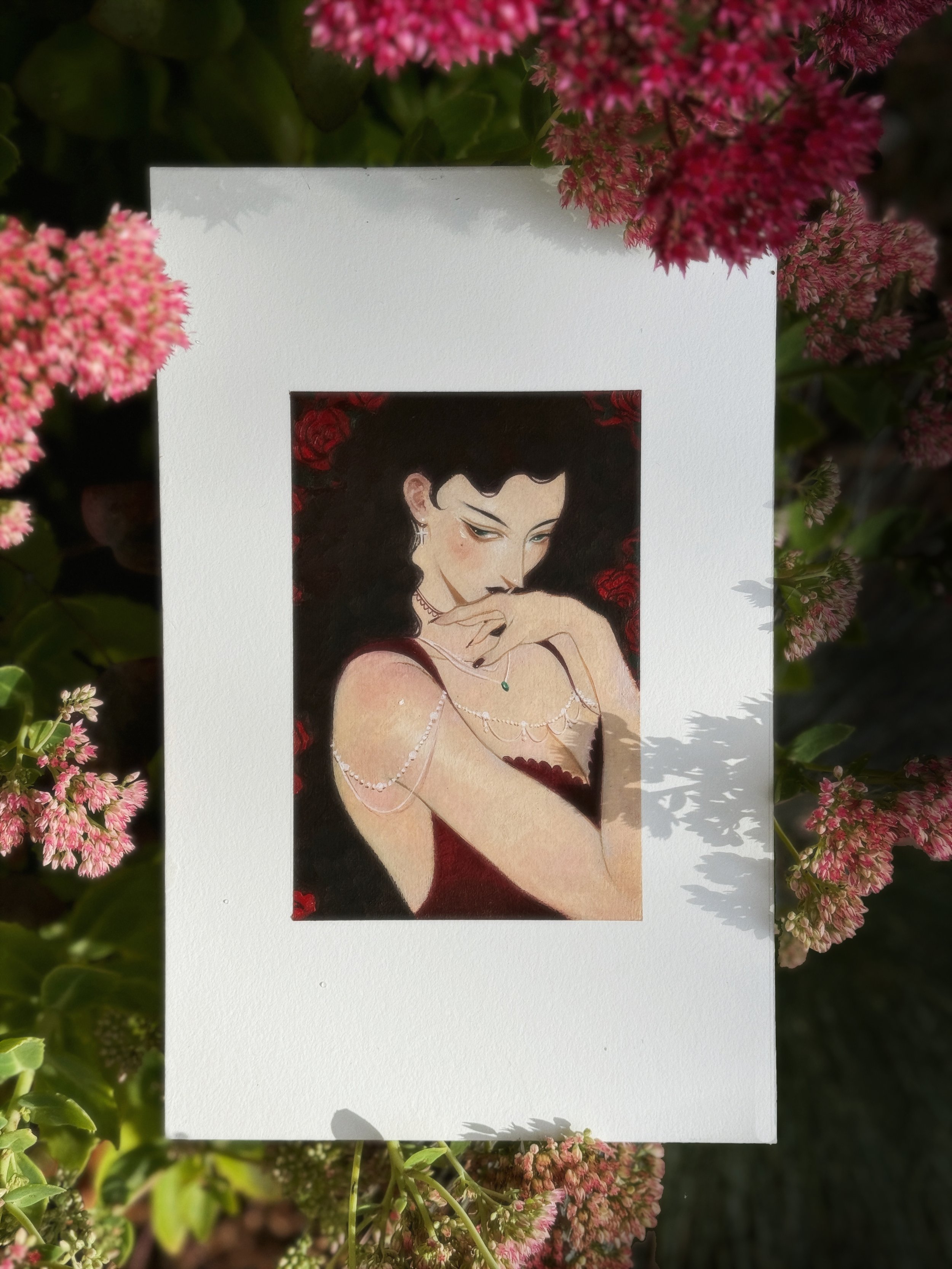 Oil painting by Janice Sung titled Thorned Desire, a portrait of a gothic victorian woman in front of flowers
