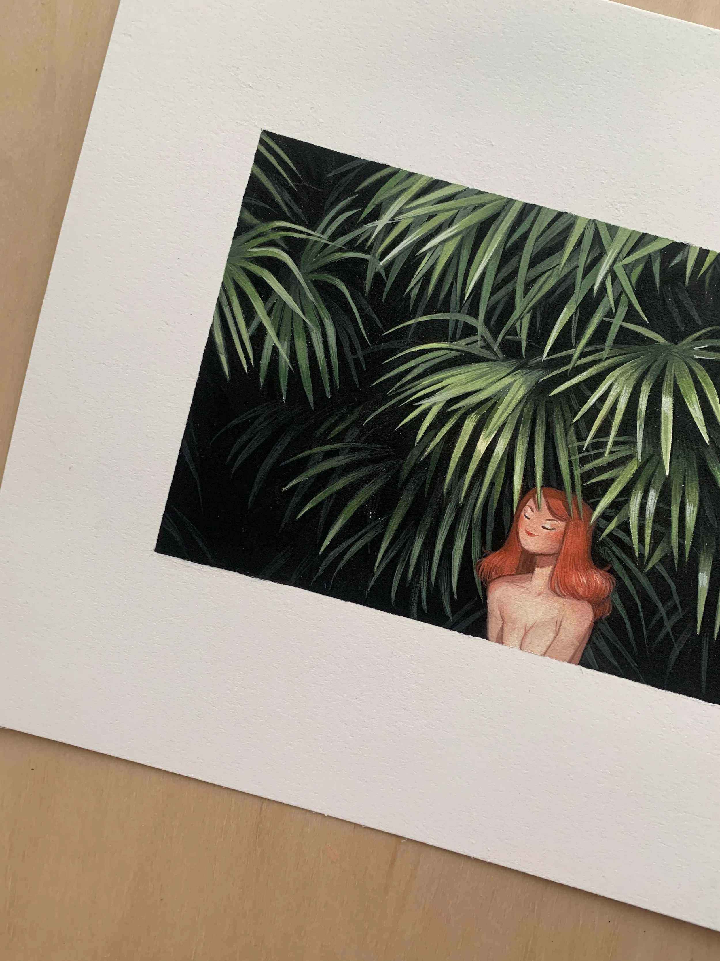A ghibli miyazaki inspired gouache watercolor painting by Janice Sung titled Palm. Of a woman under a tropical forest. happy and peaceful inspired by japanese traditional art.