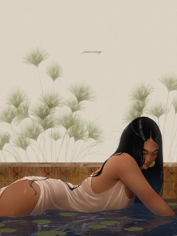 A stylized digital illustration by Janice Sung of A woman with long black hair wearing a light-colored sheer dress, leaning on her arms in a pool with water lilies, in front of a wall with green botanical artwork and text reading 'janicesuug.'