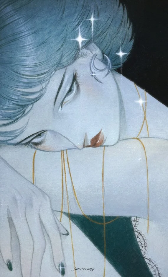 Oil painting by Janice Sung titled Blue Solitude, a portrait of a blue gothic woman with soulful eyes