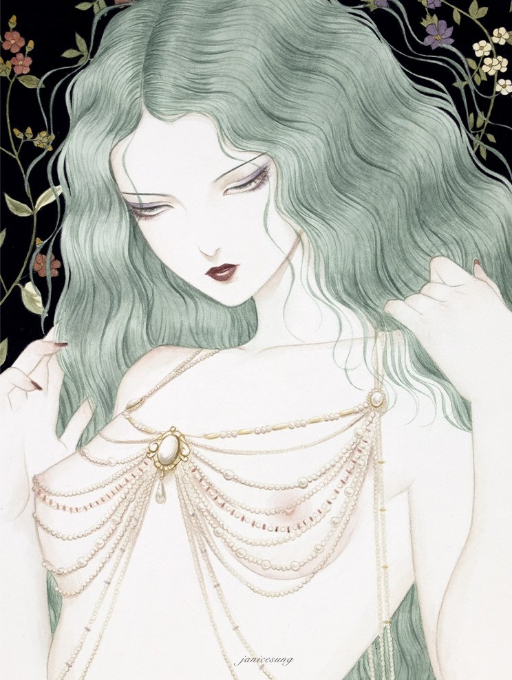 A stylized watercolor painting by Janice Sung titled sage of a woman with light skin adorned with pearls and victorian jewlery, with green hair and gothic makeup and a dark background. inspired by yoshitaka amano final fantasy