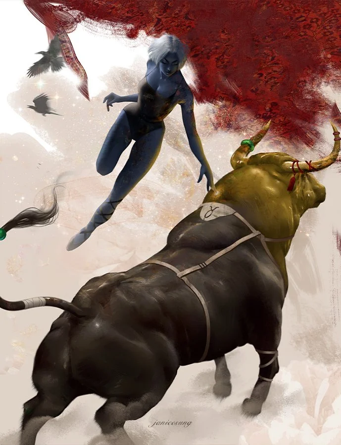 A fantasy digital artwork featuring a blue-skinned woman with white hair floating in the air, facing a large charging bull with golden horns, set against a dynamic abstract background with red leaves and flying birds.