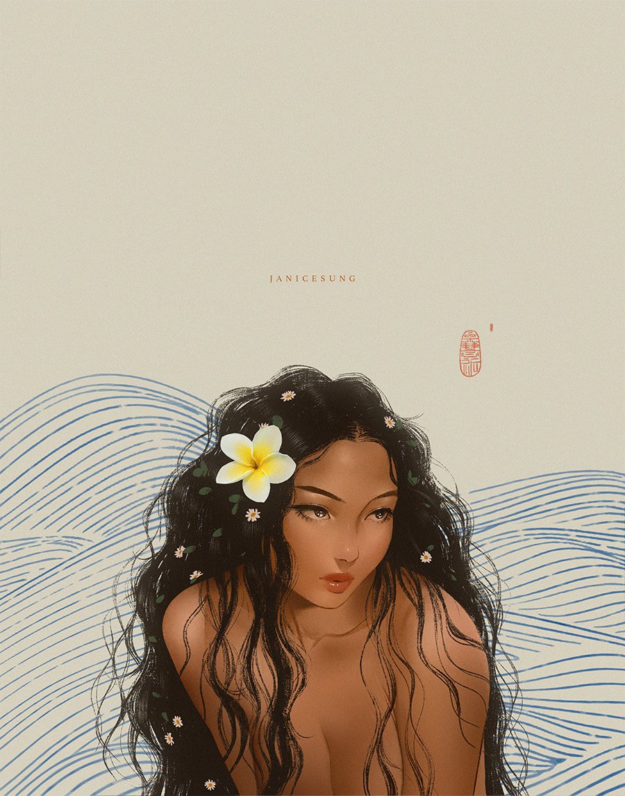 A stylized digital illustration by Janice Sung of a woman with long wavy black hair adorned with white and yellow flowers, against a background of blue waves