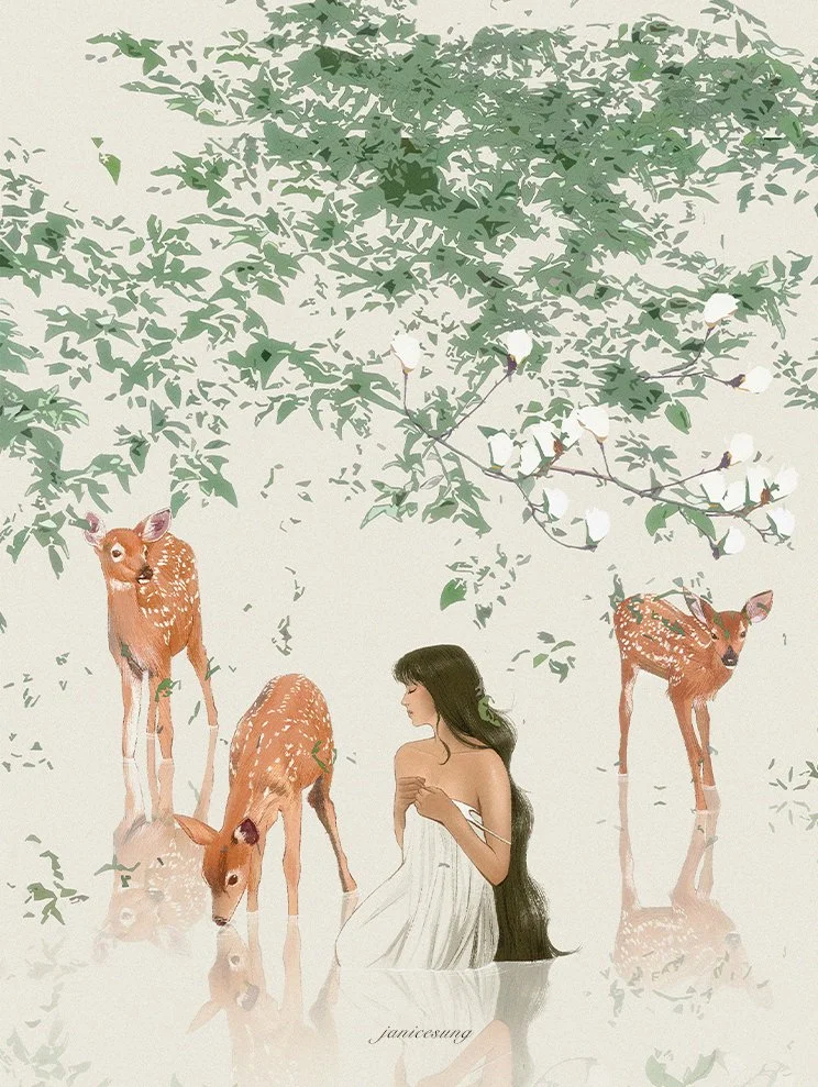 A stylized digital illustration by Janice Sung of A woman with long dark hair sitting in water near three young deer, surrounded by green foliage and white flowers, with reflections in the water.