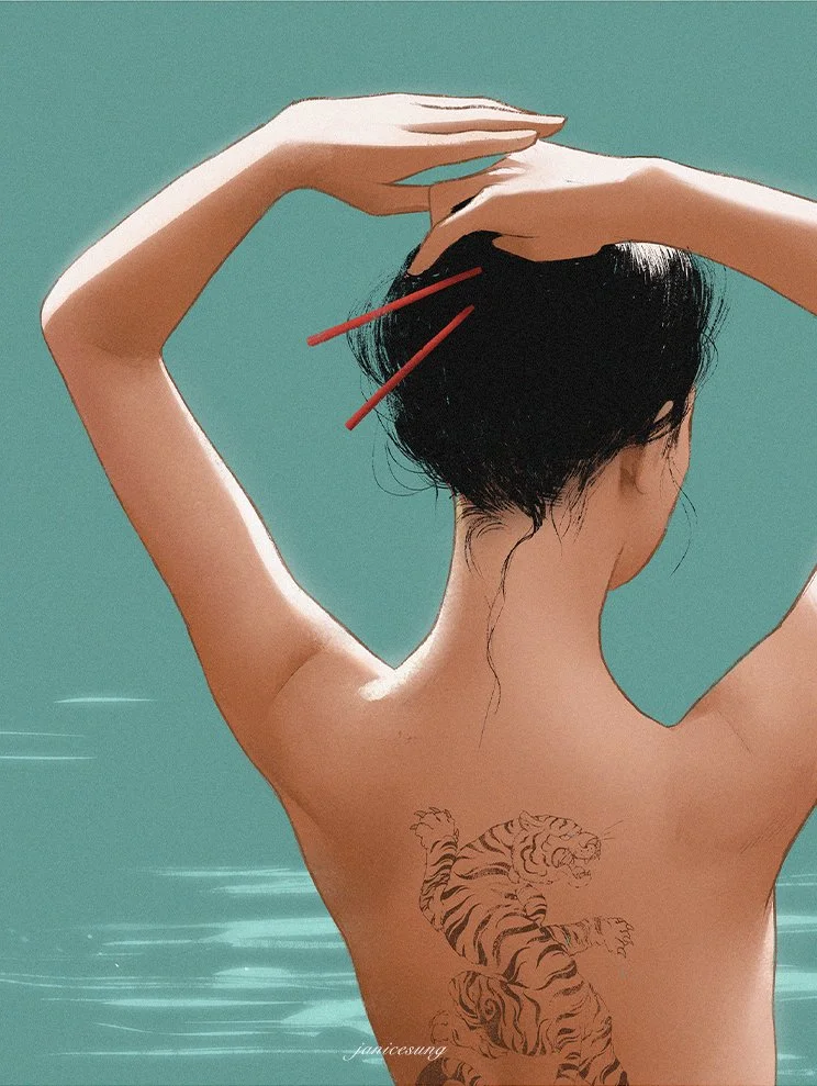 A stylized digital illustration by Janice Sung of A  Back view of a woman with short black hair and a tiger tattoo on her back, holding her hair up with red chopsticks, against a teal background.